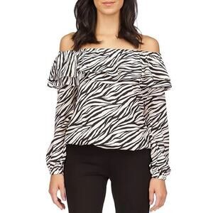 MICHAEL KORS Zebra Print Off-the-Shoulder 3/4 Sleeve Ruffle Crepe Top NWT Medium